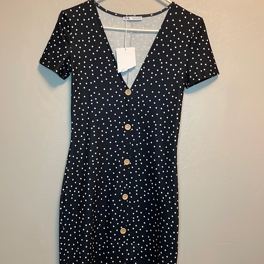 Zara Polka Dots Black Midi Dress Size Small